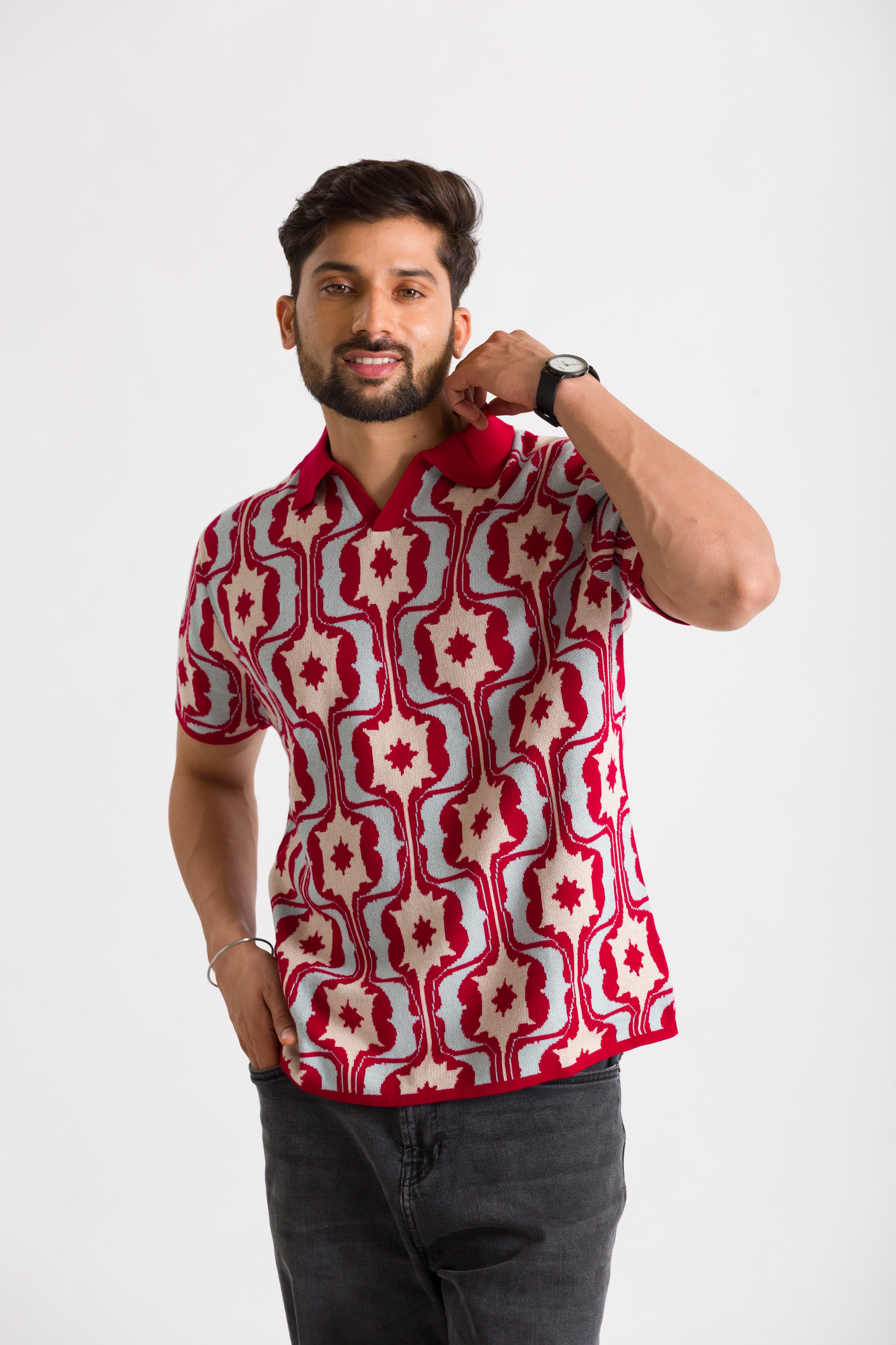 Knitted Red Jacquard polo T-shirt